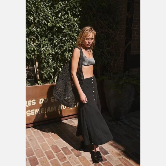Free People Black Button Front "Jackie" Midi Skirt - Picture 1 of 10
